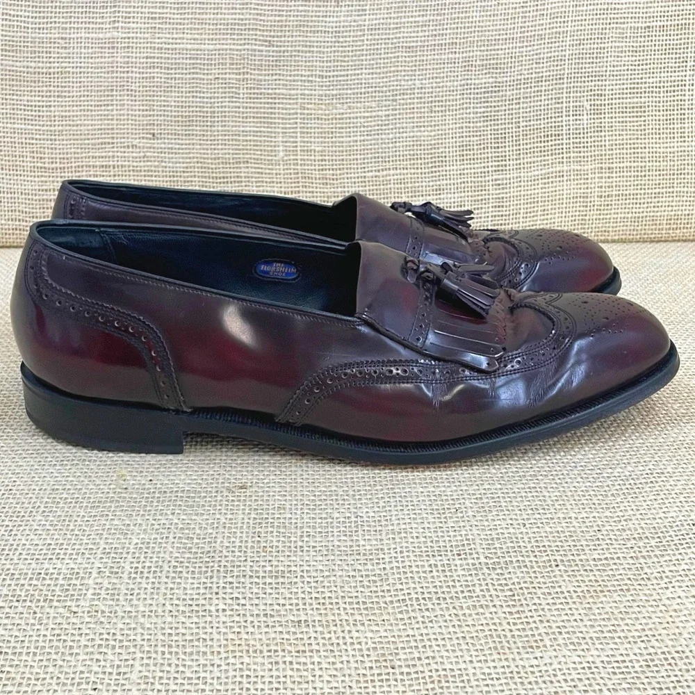 Florsheim Mens 13 D Burgundy Leather‎ Wingtip Kiltie Tassel Loafers Dress Shoe